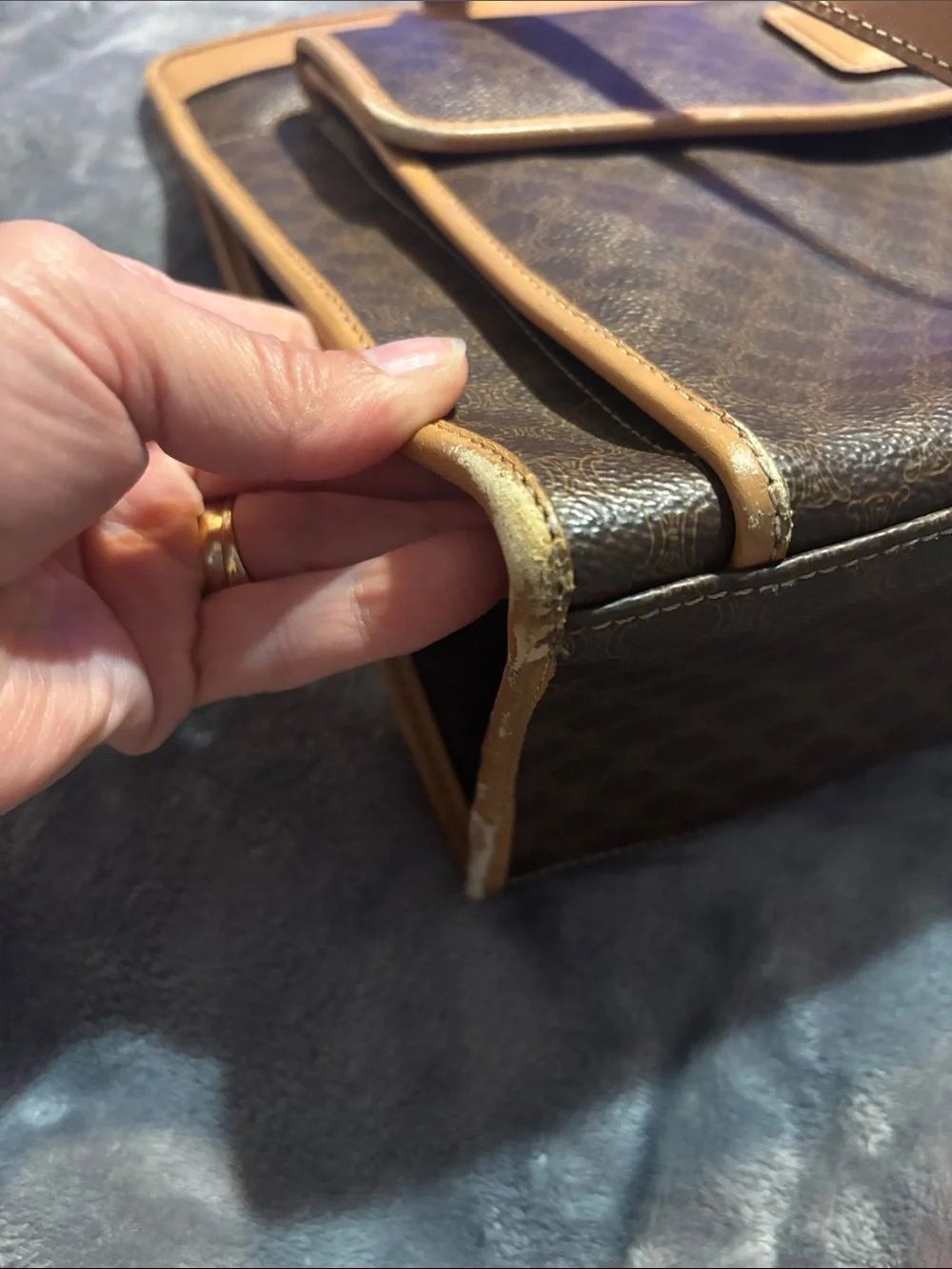Celine vintage Brown Canvas Laptop Shoulder Bag with Tan Leather Trim
